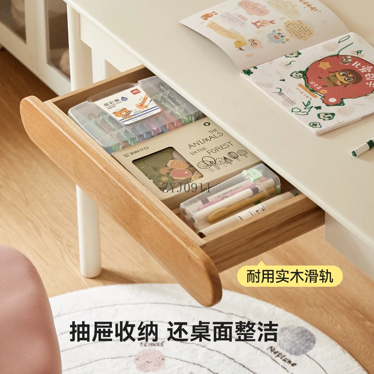 **F Solid wood children's desk simple cream style white writing student home reading table