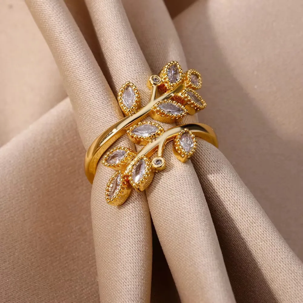 Zircon Tree Branch Ring for Women, Elegant Stainless Steel Jewelry