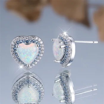 Cute Female Crystal Stone White Opal Love Heart Stud Earrings Silver Color Wedding Jewelry For Women