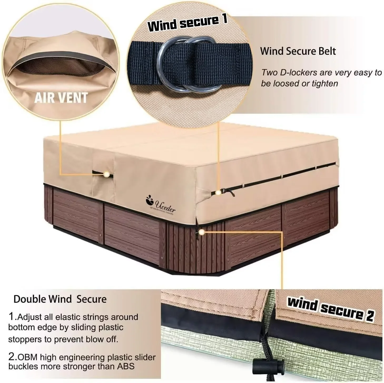 UCEDER Waterproof Hot Tub Cover -Outdoor Spa Cover Cap 600D Heavy Duty Polyester Hot