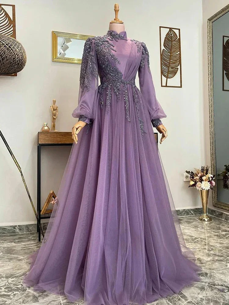 

Purple Muslim Beading Lace A-Line Wedding Guest Evening Cocktail Prom Homecoming Dresses for Bride Special Occasion