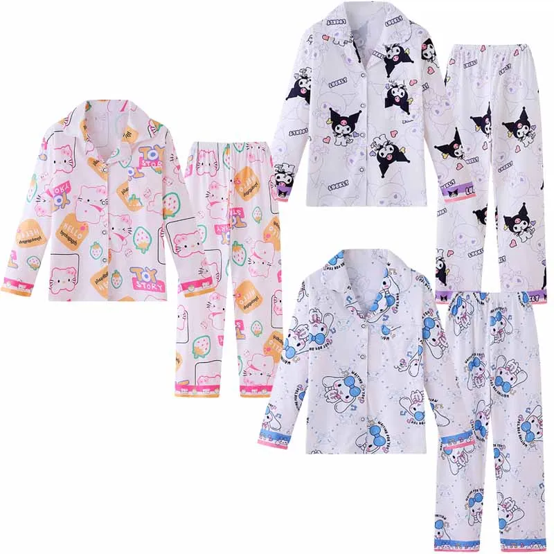 

Детская Пижама Sanrios из аниме, домашняя одежда Kuromi My Melody Cinnamoroll HelloKittys для мальчиков и девочек, кардиган, штаны, комплект ночной одежды