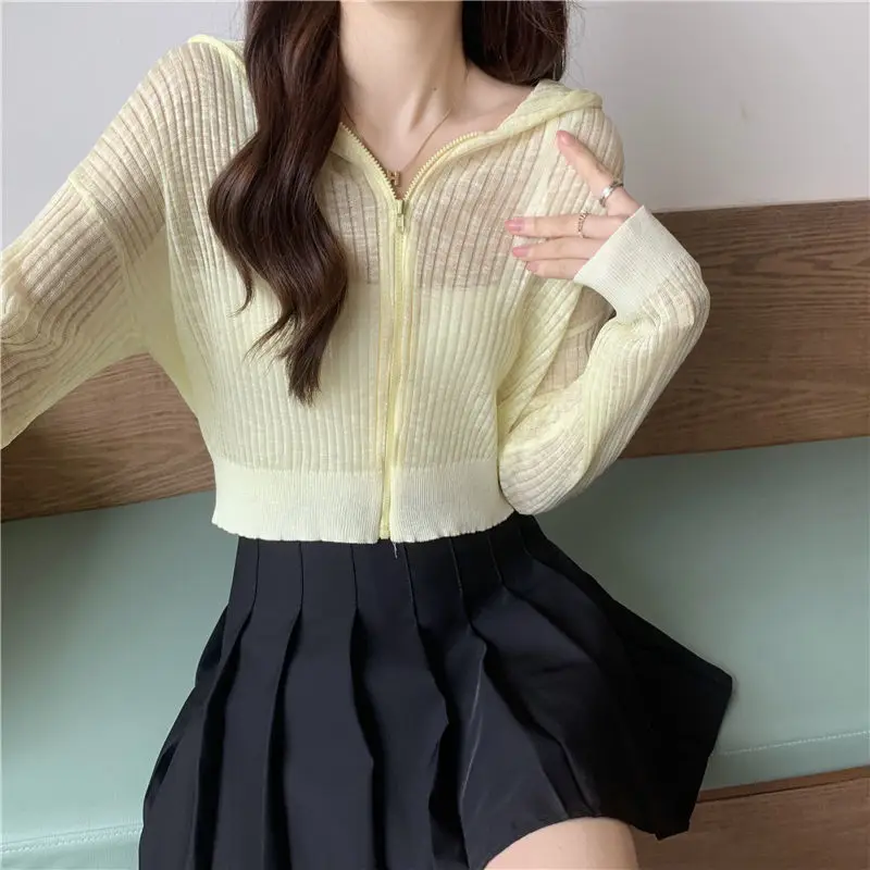 여성용 긴팔 단색 가디건, 여성용 지퍼, 올 매치 옐로우, 한국 스타일, 우아한 빈티지 티, 상의