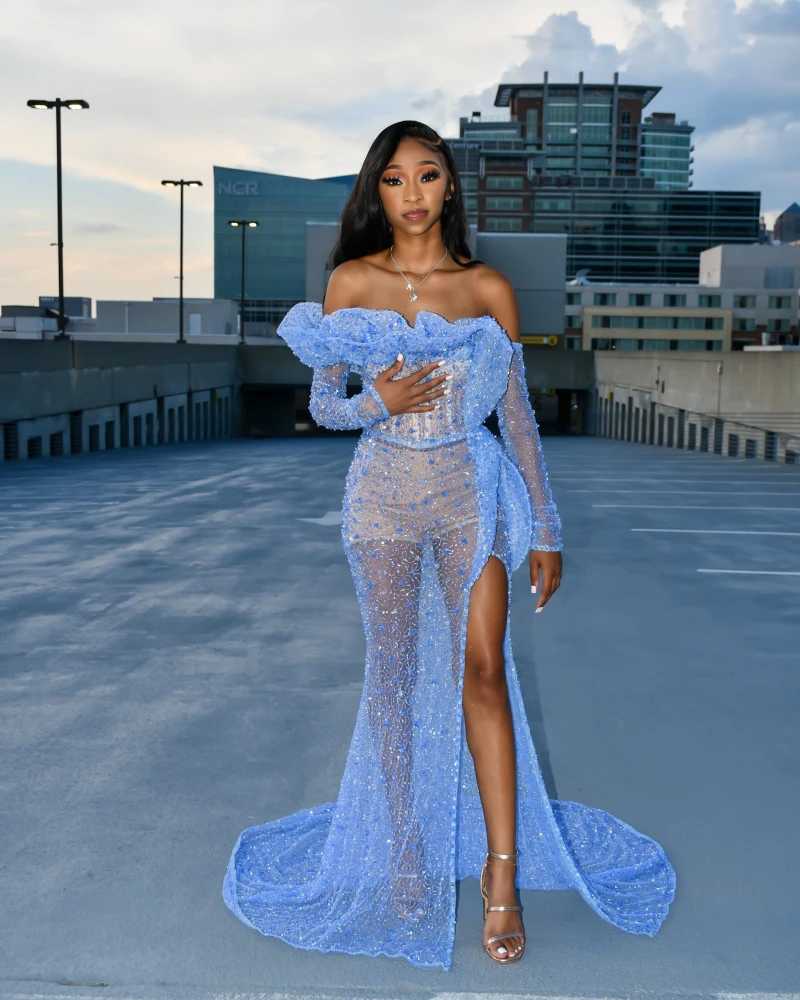 light blue prom dresses Sexy Prom Dresses Mermaid Ruffles Boat Neck Long Sleeves Split Sequins Shiny Sweep Train Plus Size Women Party Elegant Gowns short formal dresses