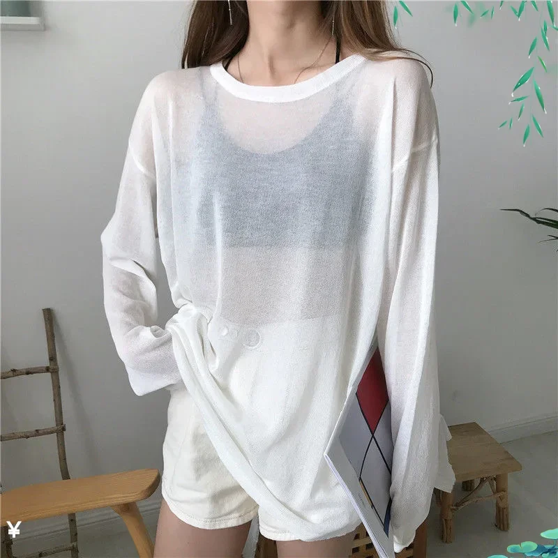 

Summer New Thin Ice Silk Long Sleeve T Shirt Tops O Neck Loose Versatile Youth Pullovers Simplicity Casual Women Clothing