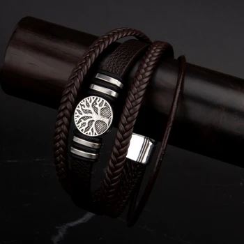 3 Color Woven Leather Man Bracelets Hand-woven Multi-layer Bracelet For Man Black Brown Rope Male Tree Bangle Punk Zinc Alloy 1
