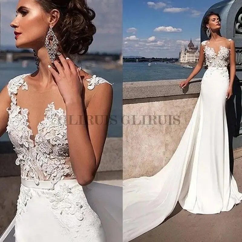 

O-Neck Sleeveless Wedding Dress Mermaid Lace Appliques Detachable Illusion Button Bride Gown Hot Sale Tailor-Made