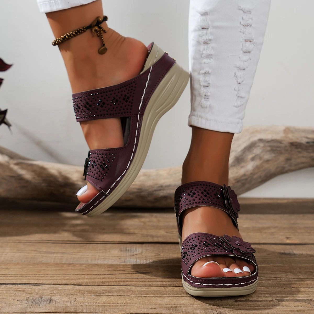 Women’s Retro Roman Wedge Sandals – PU Casual Flower Platform Slippers, Plus Size 43 Beach Footwear Sandals
