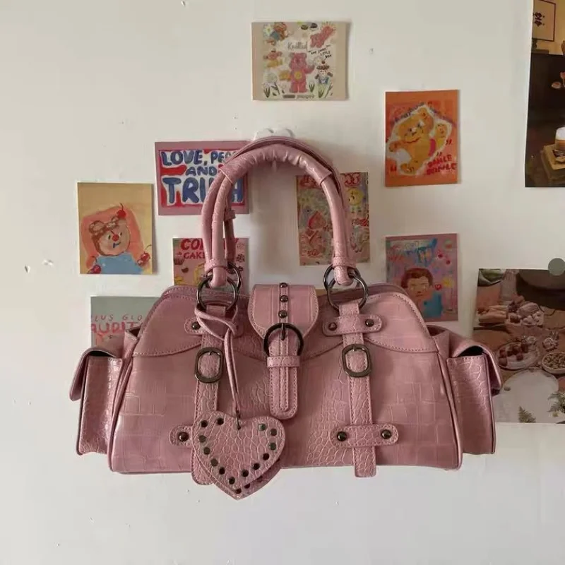 Women Shoulder Bag Xiuya Vintage Biker Shoulder Bag Y2k Hippie American Street Style Heart Rivets Pink Handbag