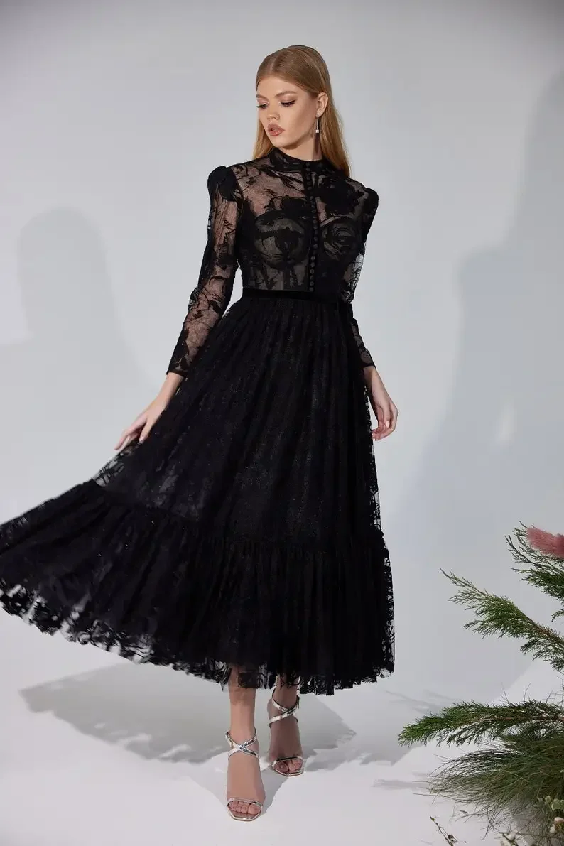 

Black Formal Women Evening Dresses Tea-Length Lace Prom Dresses High Neck Long Sleeves A Line Cocktail Bridesmaid Party Dress