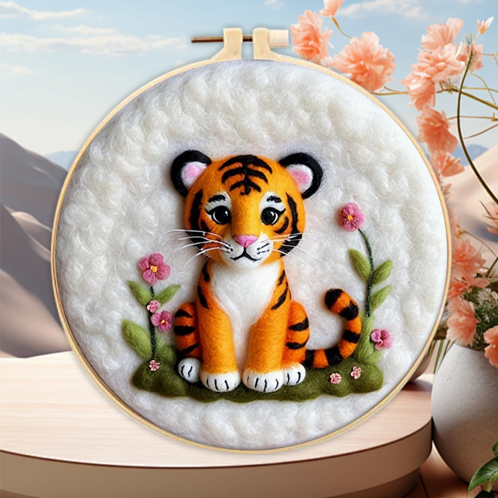 CHENISTORY Wool Felting Package Animal Tiger And Wolf Needle Felting Painting With Frame Kit For Beginner Cat Wool Felting Paint