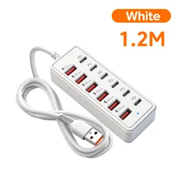 Universal Multi - Port Fast Charging Station - 12 - Port USB Hub with 6 USB - A & 6 USB - C Outlets (White)