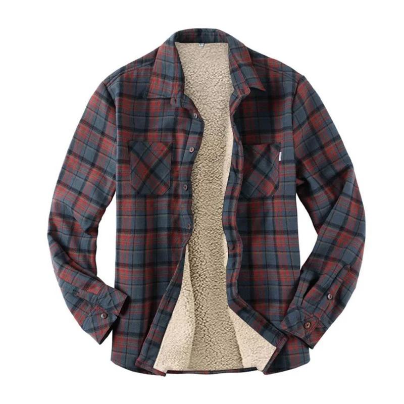 Men's Flannel Shirt Jacket Chest Pocket Fleece Lined Long Sleeve Button Down Shirts Jacket For Man Fall Winter Warm Clothing