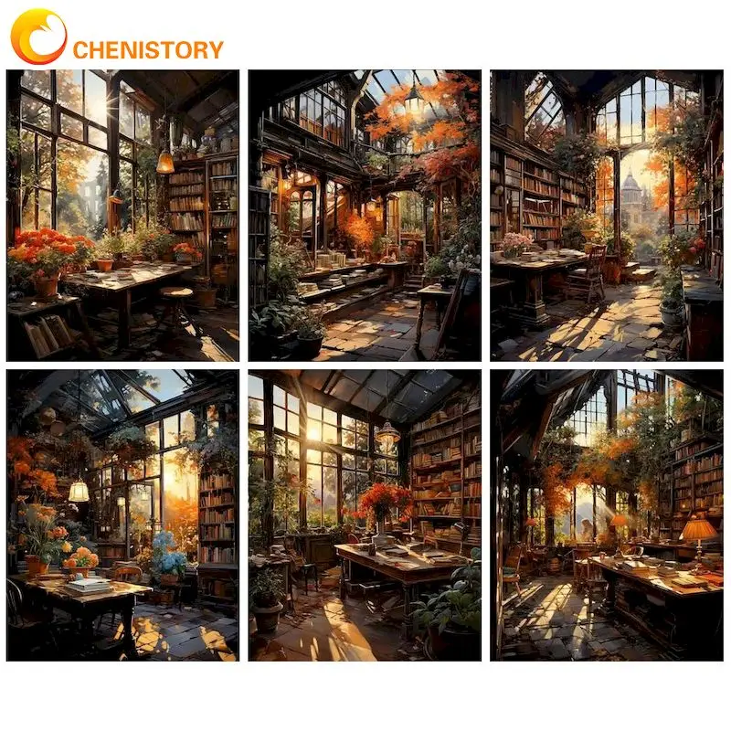 

CHENISTORY Diamond Painting Flower House Books Full Square Round Drill Diamond Embroidery Rhinestone Pictures Kit Home Decor