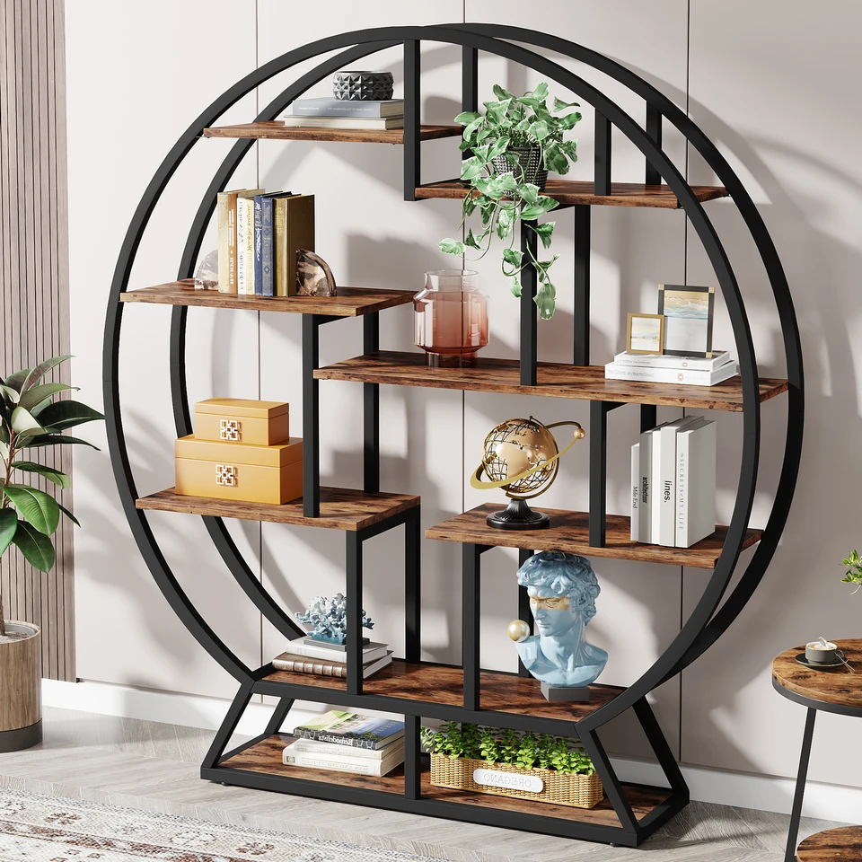 Industrial Round Bookshelf with Staggered Shelves