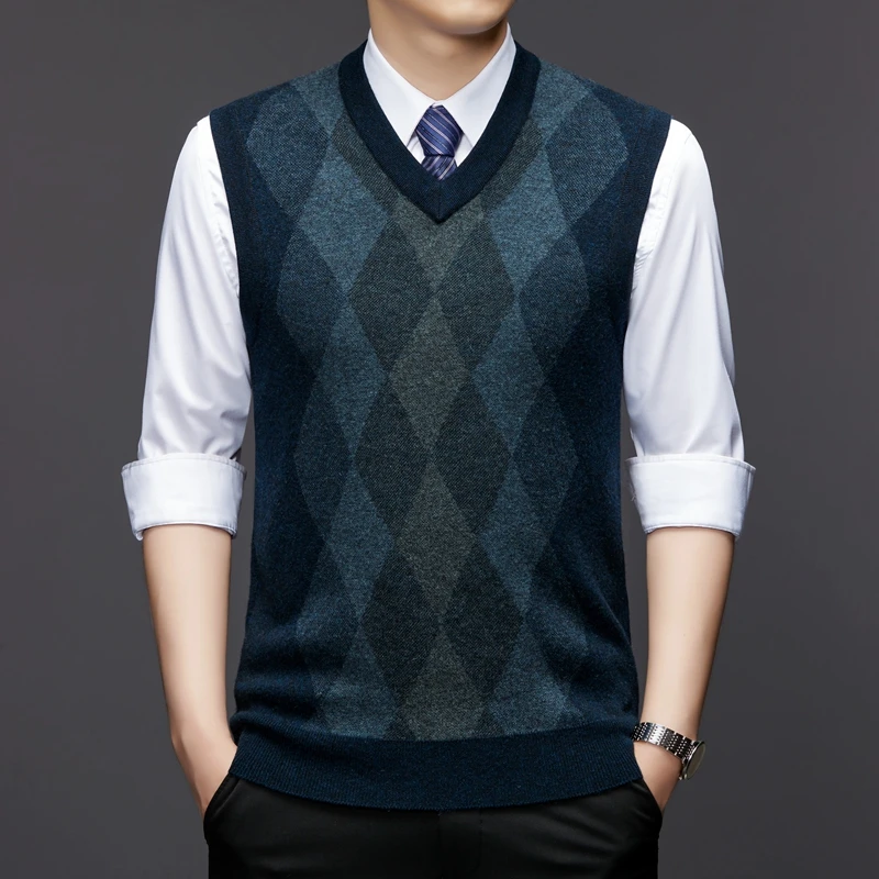 

23 Autumn New V-neck Vest Sleeveless Knitwear High-End 100% Mernu Pure Wool Rhombus Men's Pullovers Waistcoat Vest Male