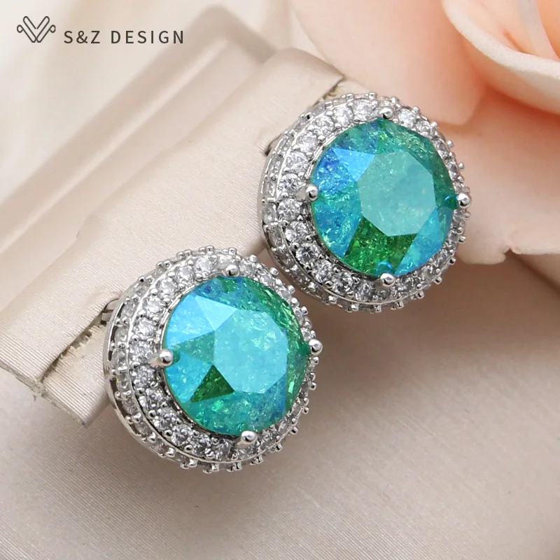 S&Z DESIGN New Fashion Round Ice Crack Crystal Dangle Earrings For Women 585 Rose Gold Color Cubic Zirconia Jewelry Gift