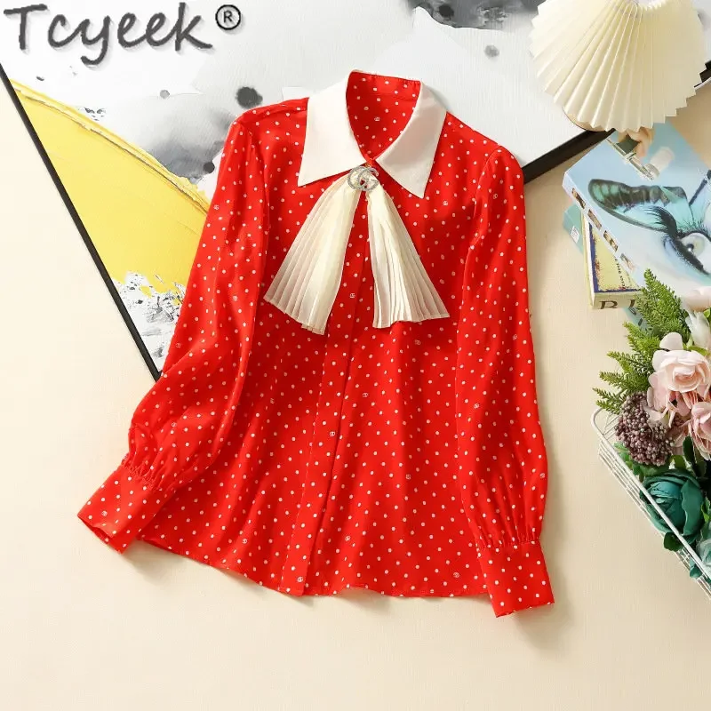 

Tcyeek Elegant Women's Shirts Spring Summer Long Sleeve Top 100% Mulberry Silk Clothes 2023 Dot Print Blouse Camisas De Mujer LM