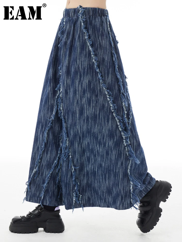 

[EAM] Blue High Elastic Waist Ankle Length Vintage Denim Burr A-line Skirt Women Fashion Tide New Spring Autumn 2024 1DH2229