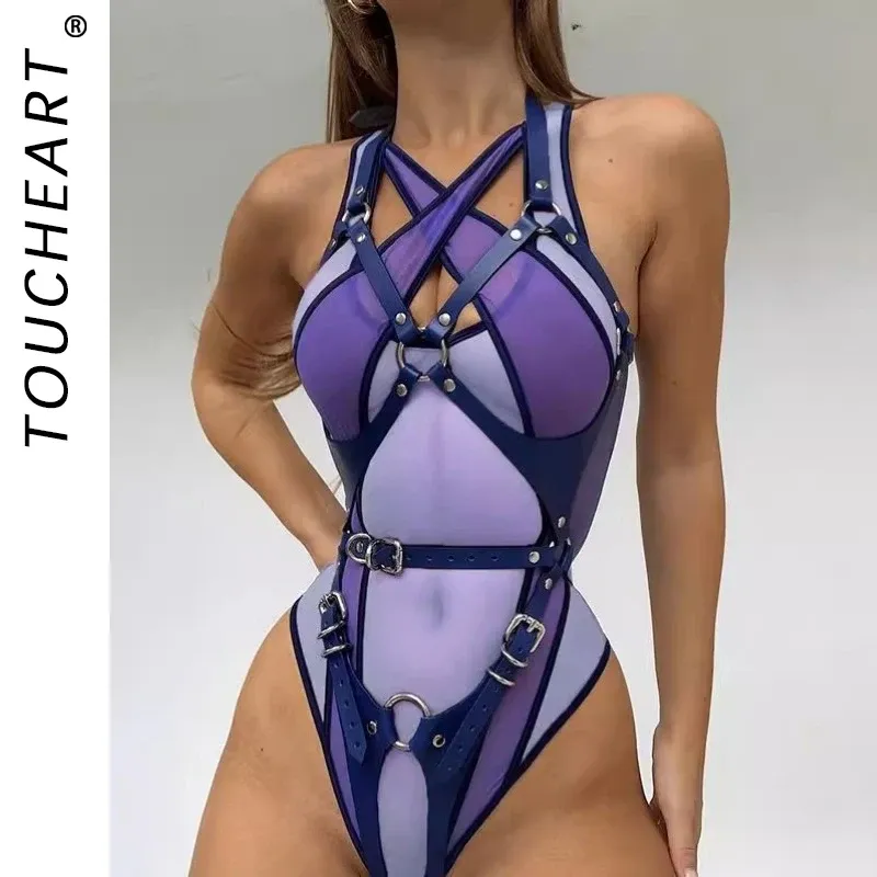 Toucheart 2-Piece Interesting Underwear Sexy Women's Mesh See-through Contrast Color Halterneck Jumpsuit Sexy Underwear Suit New