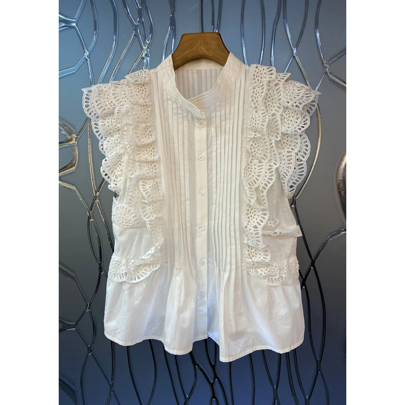 

White Lace Shirt Women's Sleeveless Lace Hollow Panel Ruffled Edge 2023 Summer Shirt Trend