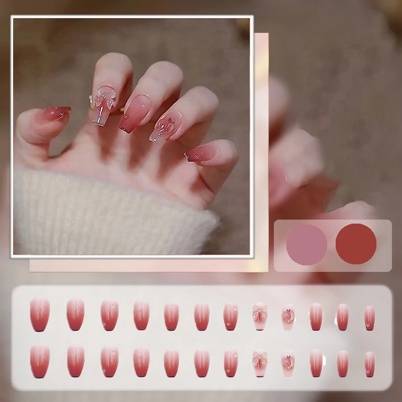 24pcs-Gradient Color Manicure Peach Design Oxed Love Peach Bow Color Changing with The Sun Light  3D Wearing Nail