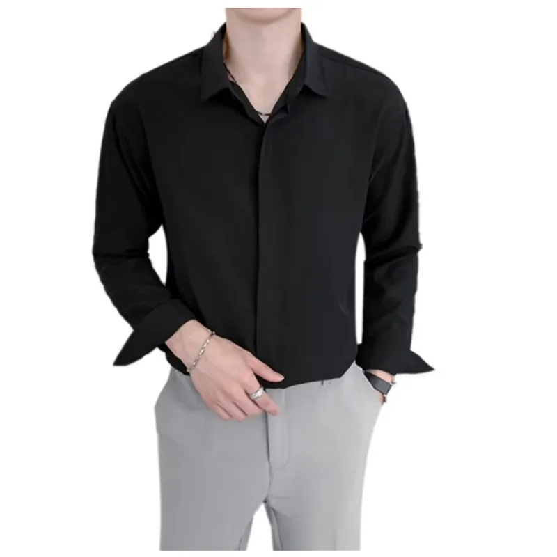 

Men's High Quality Spring Summer Long Sleeved Shirt, High End Pleated, Solid Color, Hidden Button Shirt A0013