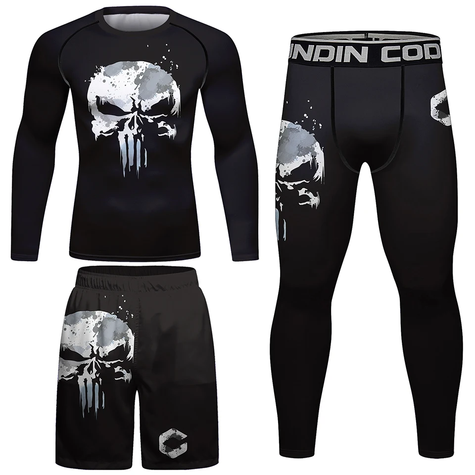 Skull Rashguard For Men Jiu Jitsu MMA T-shirt+Pant Set Brazilian Grappling Bjj Boxing Rash Guard MMA Shorts Boxeo Fight Jerseys sports apparel mens t shirt
