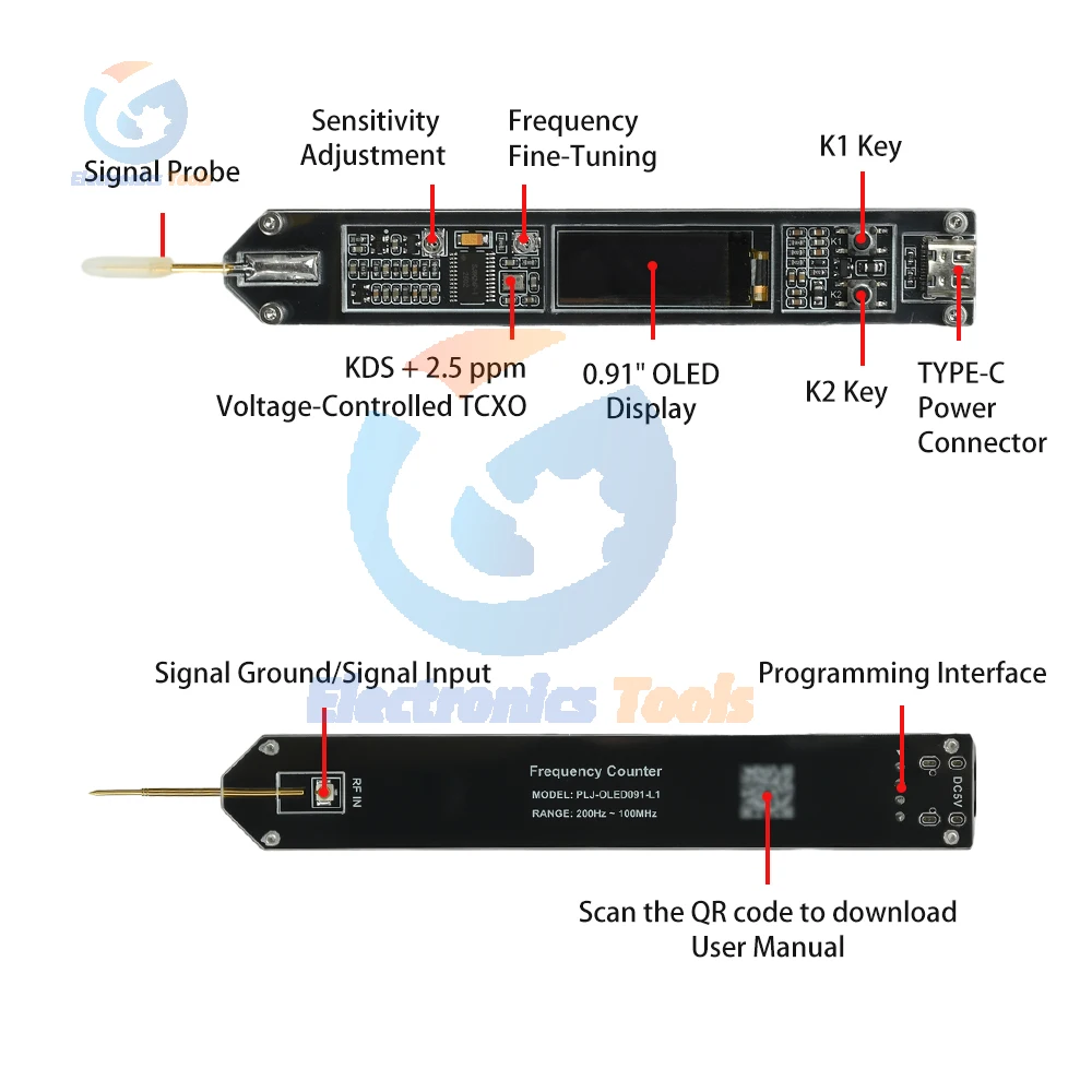 Contatore di frequenza Tipo penna 200Hz-100MHz Misuratore di frequenza segnale RF ad alta precisione per MF Calibrazione dell'oscillatore MCU HF VHF FM - immagine 2