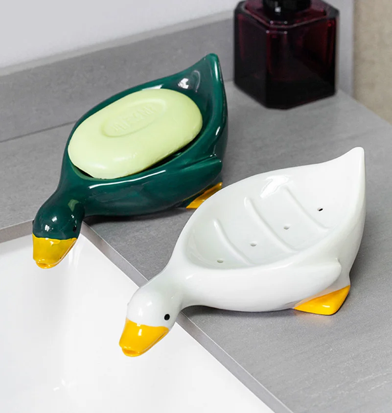 

Cute Duck Drain Soap Dish Ceramics Soap Box Kitchen Sponge Storage Organizer Bathroom Accessories Novel Gift Home Decoration