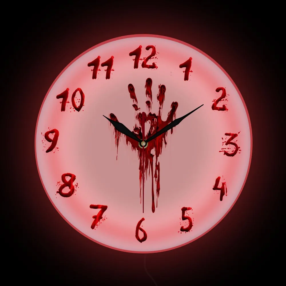 

Halloween Horror Bloody Hand Print Wall Clock With LED Backlight Spooky Blood Fingerprint Electric Display Sign Nightlight Clock