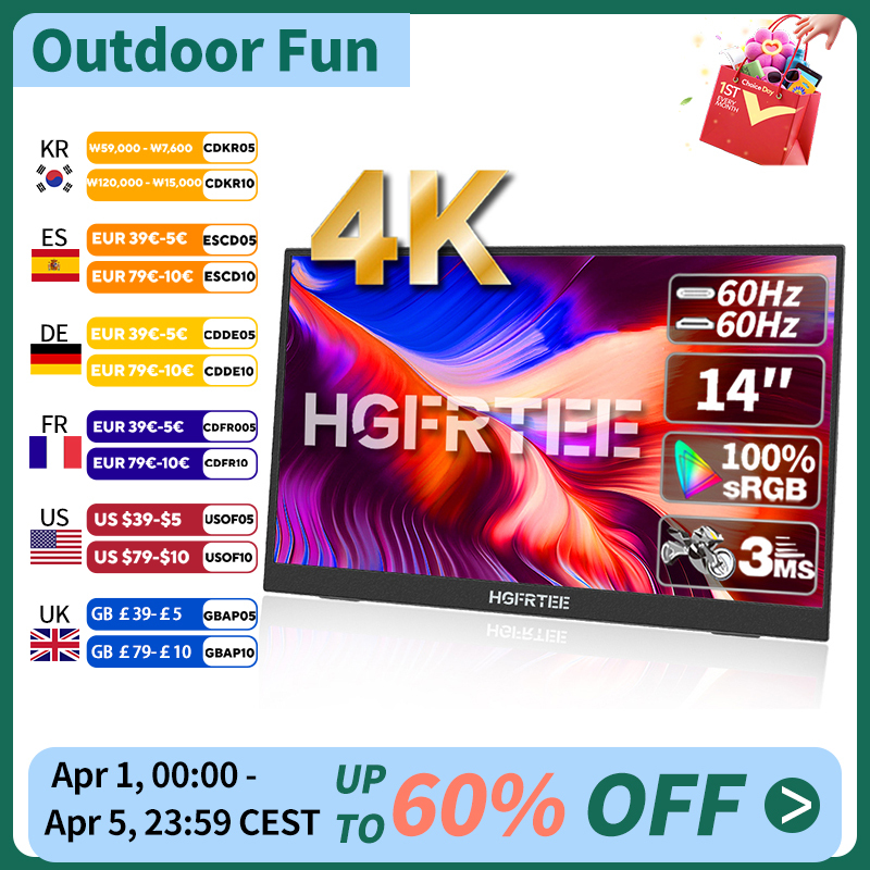 HGFRTEE 14inch 4K Portable Monitor 3840*2160 100%SRGB ADS-IPS Extended Display with Bracket For PC Laptop Phone Switch
