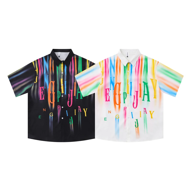 

Flowing Colorful Letter Pattern Printed Black White Loose Street Casual Short Sleeved Shirt T-shirt for Men and Women