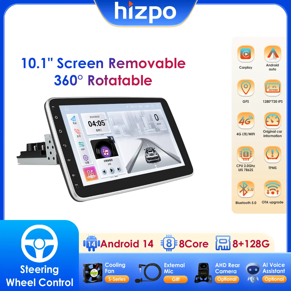 Hizpo 1 Din Autoradio 범용 자동차 라디오 멀티미디어 플레이어 안드로이드 UIS7862S Schermo Estraibile 스테레오 GPS 분리형 패널 SWC