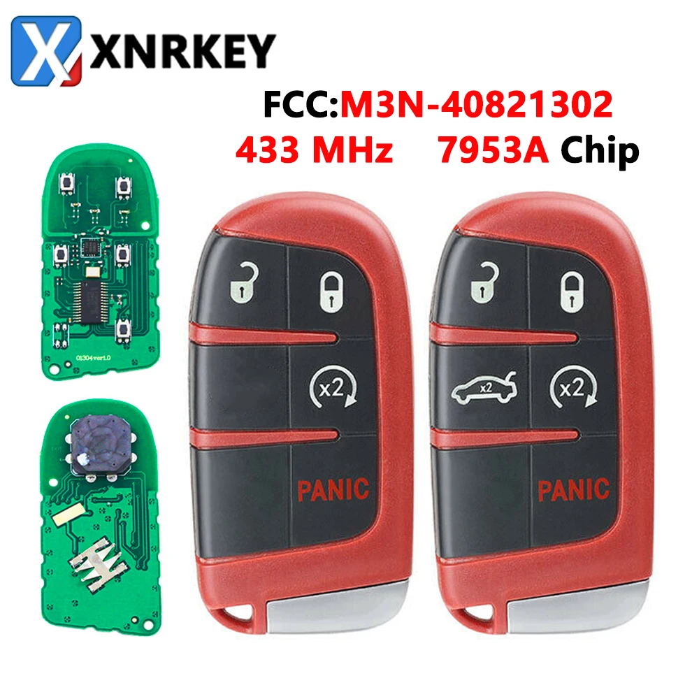 XNRKEY 4/5 Button Red Smart Remote Car Key PCF7953A Chip 433Mhz for Chrysler Dodge Durango Journey 2014-2018 FCC: M3N-40821302