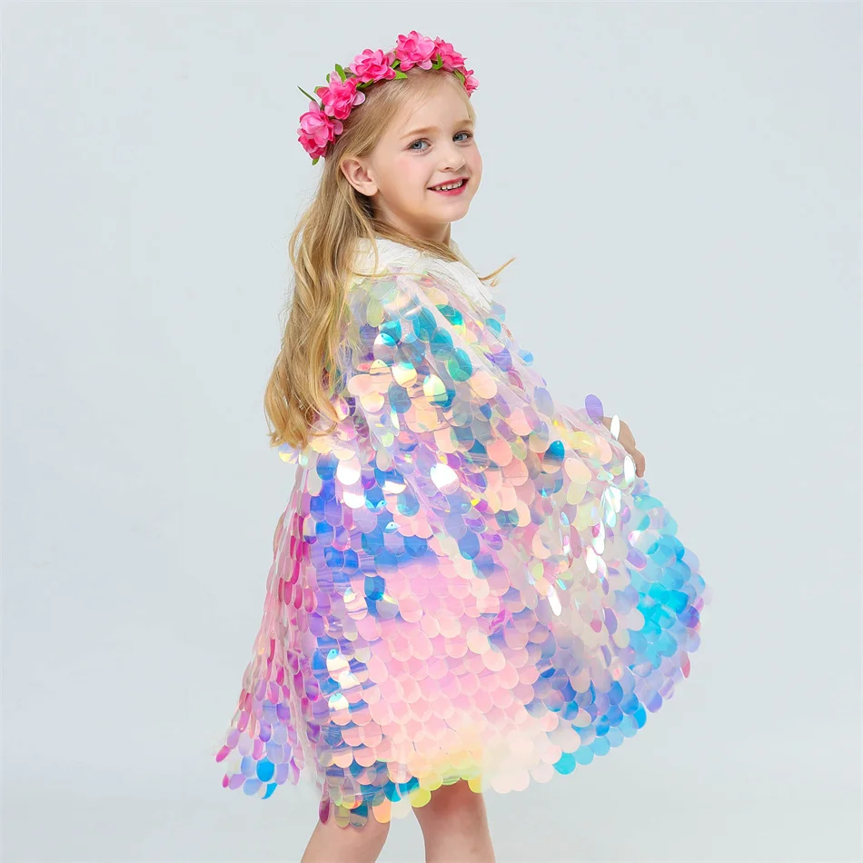 Girls Mermaid Shiny Sequin Cloak Kids Ariel Princess Mantle Dress Glitter Shawl Costume Children Blingbling Cape Accessory