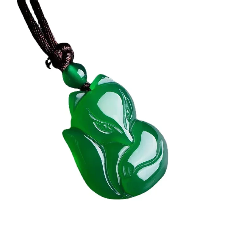 Jade Fox Necklace Pendant Natural Green White Chalcedony Chinese Fashion Charm Jewelry Carved Amulet Gifts for Women Men pendant necklace,jasper pendant,silver pendant