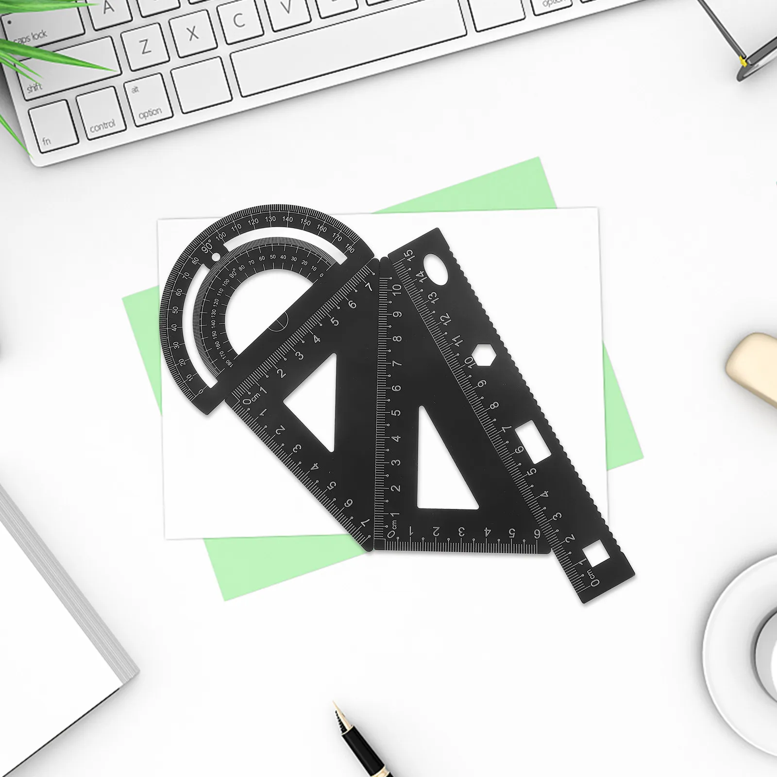 1세트 금속 자 세트 학교 학생들을 위한 빨간색 튼튼한 삼각형 플레이트 각도기 예술가 문구 자 각도기