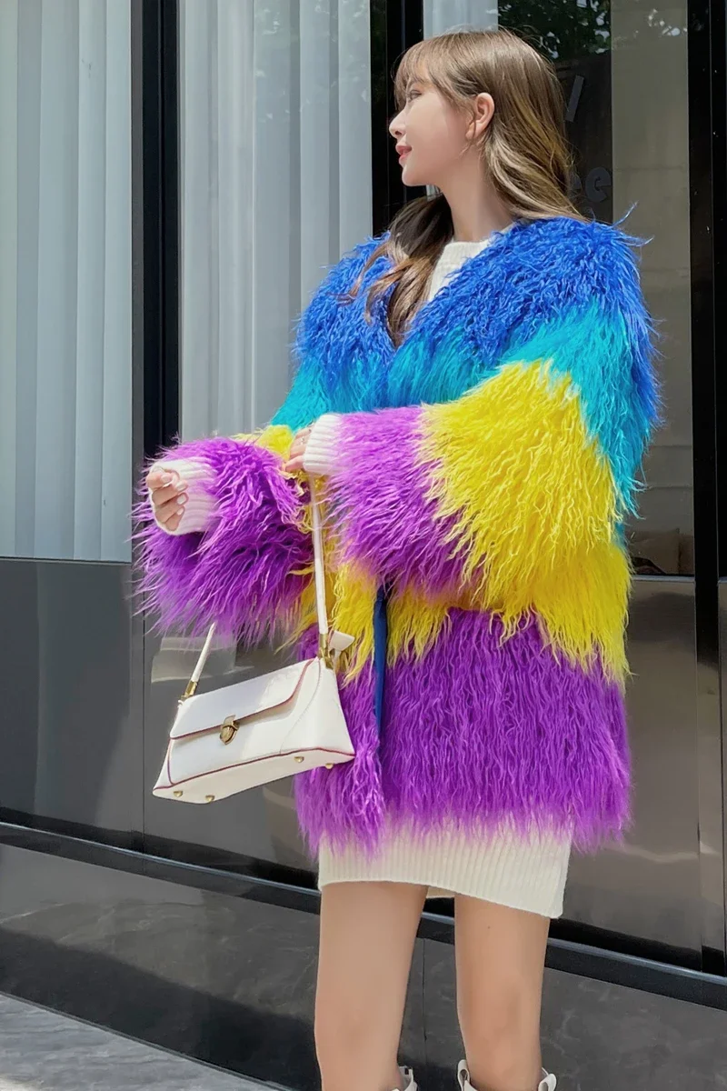 2022 Winter New Sheepskin Wool Faux Fur Coat Women V-neck Fashion Sweet Rainbow Lamb Wool Stitching Mid-Length Plush Fur Jacket