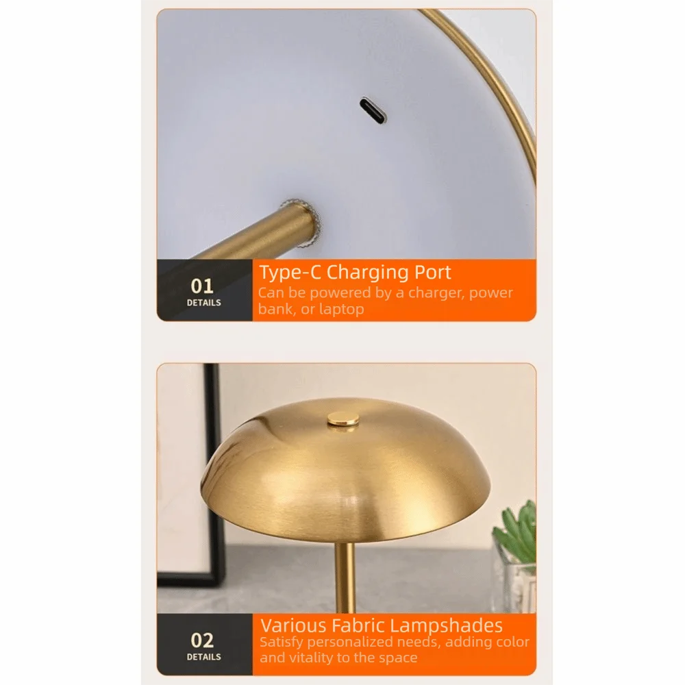 3-Color Lights Mushroom Table Lamp Touch Control Stepless Dimmable Metal Bedside Lamp Detachable Non-slip Bottom LED Desk Light