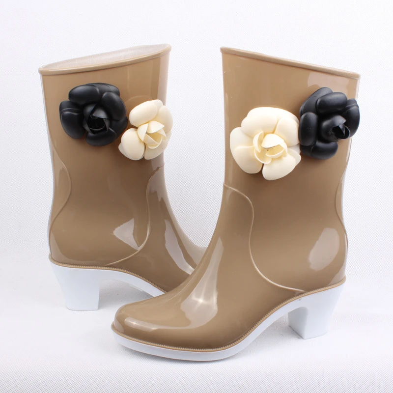 Zapatos de para mujer, botas suaves de tacón alto, botas de tubo, Botas de lluvia de flores, prueba de agua, | - AliExpress