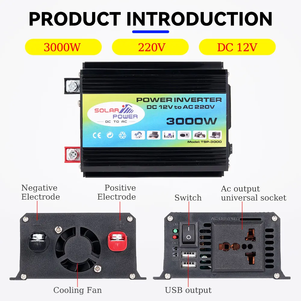 

12V To 220V 3000W Car Power Inverter Converter Charger Adapter Dual USB Voltage Transformer Modified Sine Wave