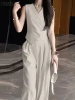 ZANZEA Elegant Summer Sleeveless Tops Wide Leg Trousers 2 Piece Sets Solid Office Lady Outfits Women OL Work Pants Sets 2PCS - Image 4