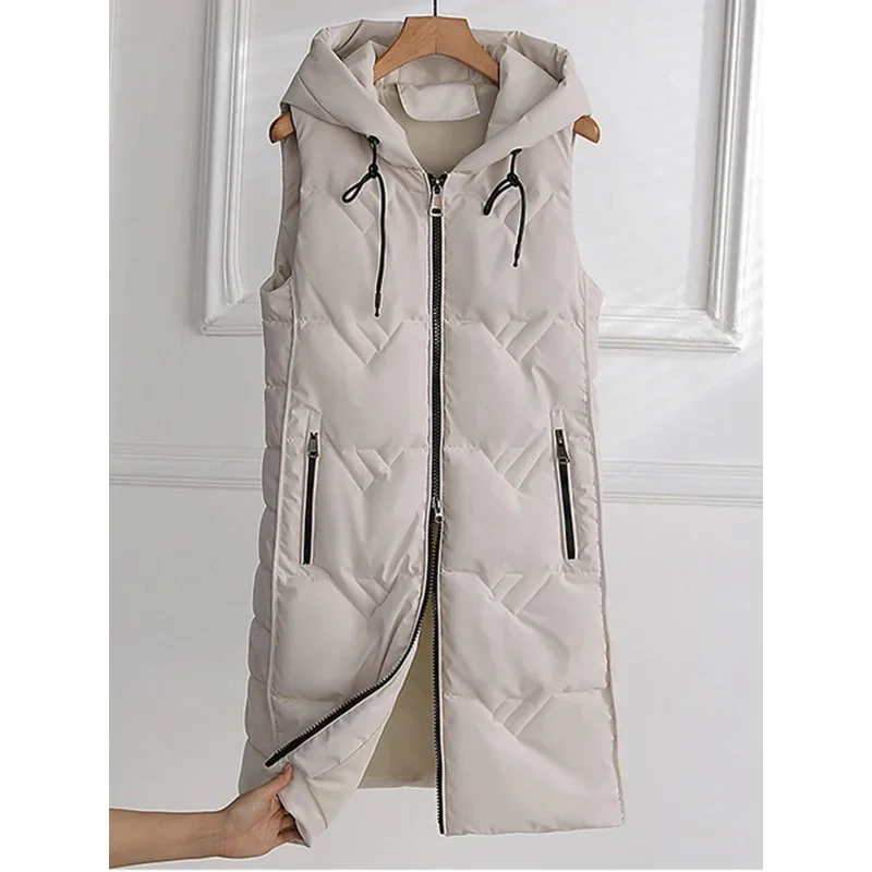 

Зимний длинный хлопковый жилет LKSK, элегантный теплый жилет с подкладкой, Женский Повседневный жилет на молнии с капюшоном, Женский шикарный стильный жилет без рукавов