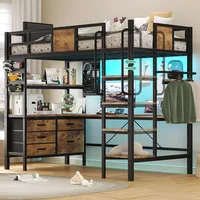 Loft Bed Twin Size with L Shaped Desk and Storage, Metal Bunk Bed with Desk Underneath and LED Lights and Charging Station,Brown 1
