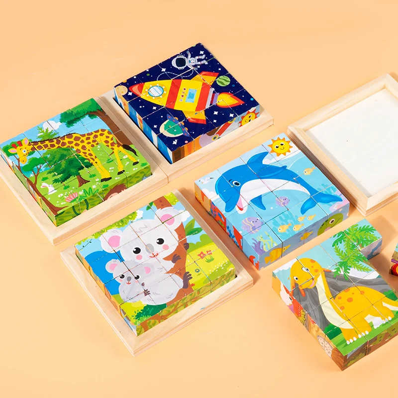 Cartoon Animal Six-Sided Wooden Puzzle Blocks Set