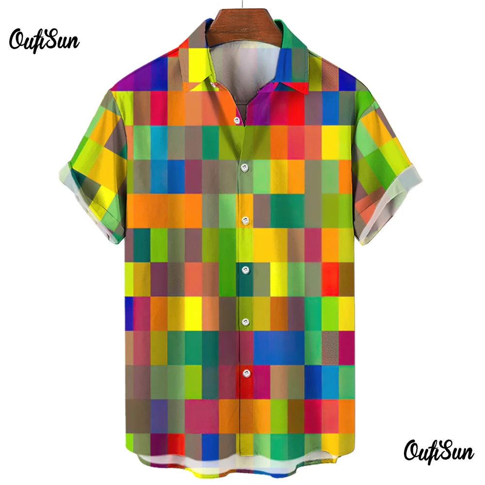 Plaid Shirt For Men Vintage Short Sleeved Shirt Couple Blouse Colorful Printed Casual Men Clothing Oversized Streetwear