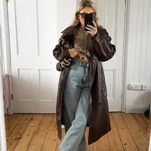 

Brown Pu Long Retro Jacket Women 2021 Autumn Winter Coat Lapel Sewing Pocket Solid Color Oversize Leather Windbreaker Jacket