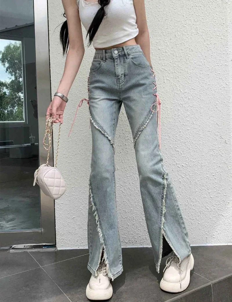 

American Split Jeans Women Pink Bandage High Waist Irregular Spliced Denim Pants Zipper Fly Trousers Y2k Pantalon Femme 2024