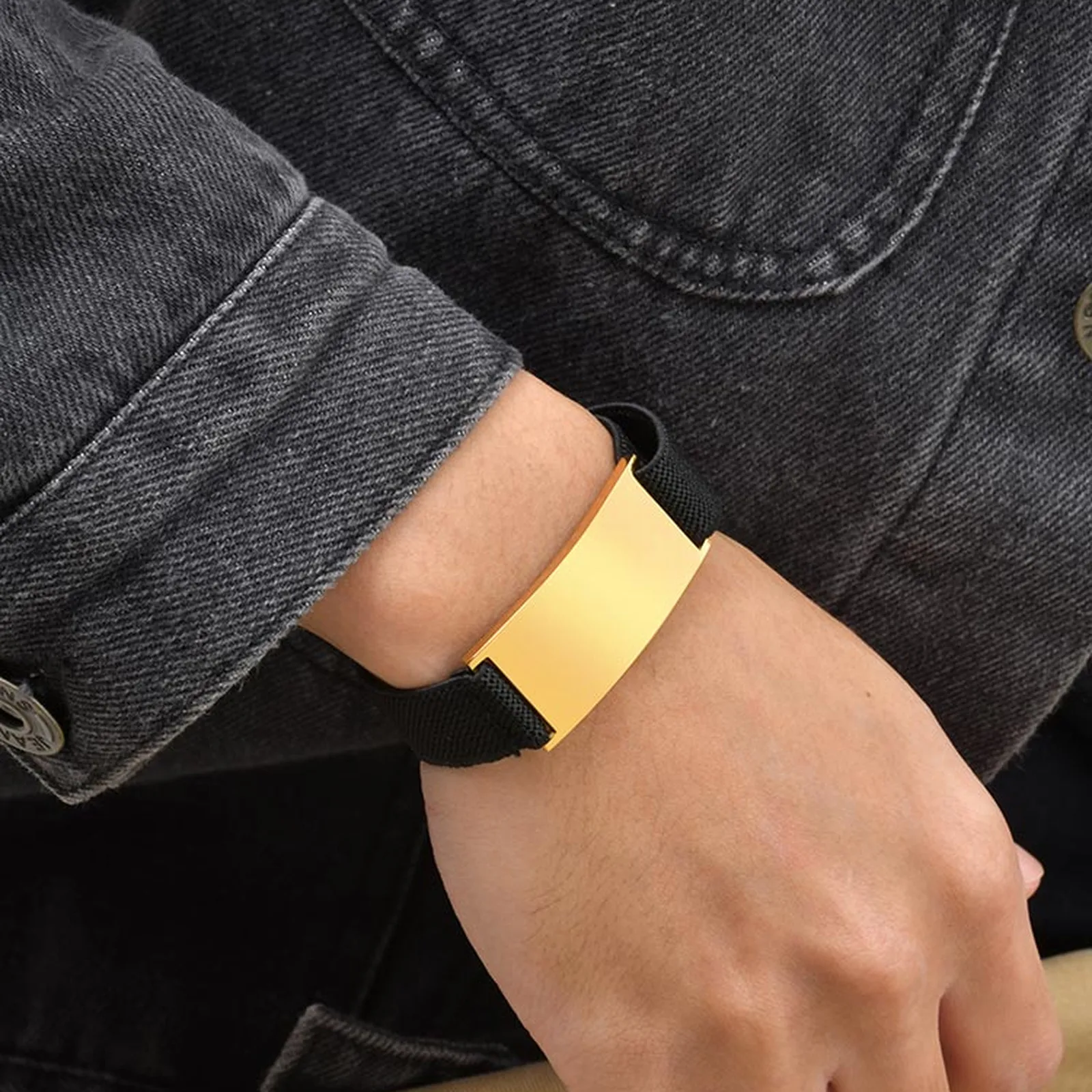 Maßgefertigte Elastische Stoff-Nylon-Armbänder für Männer, Vergoldetes Edelstahl-Namens-ID-Armband, Personalisiertes Graviertes Schmuckgeschenk – Detail 7